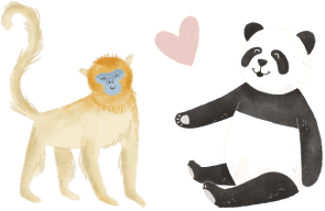 Illustrated golden monkey and Pause with Panda with pink heart