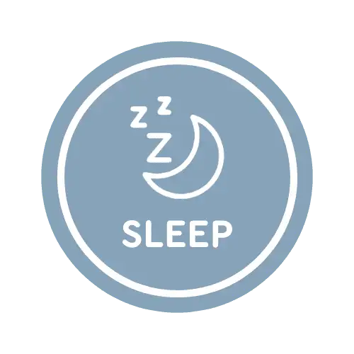 Blue circular sleep icon with a moon and three z's