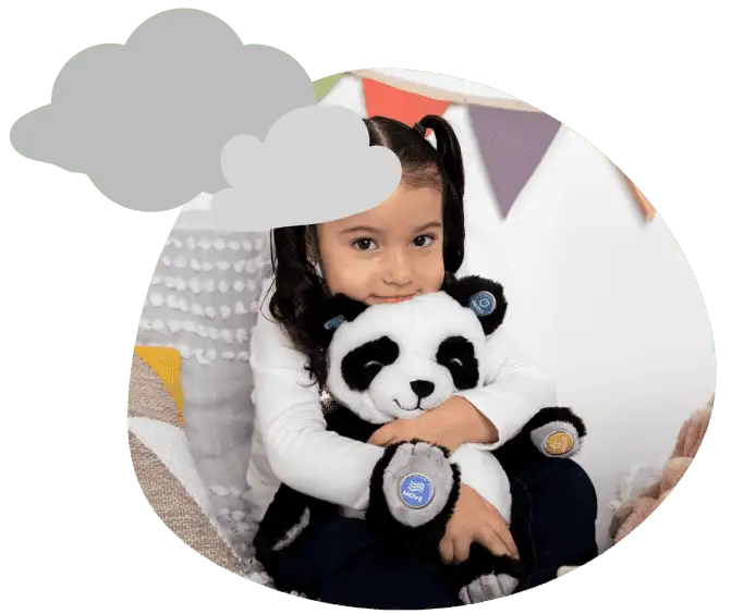 Grey illustrated clouds over circular image of little girl hugging Pause with Panda