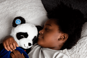 Boy holding Pause with Panda while sleeping