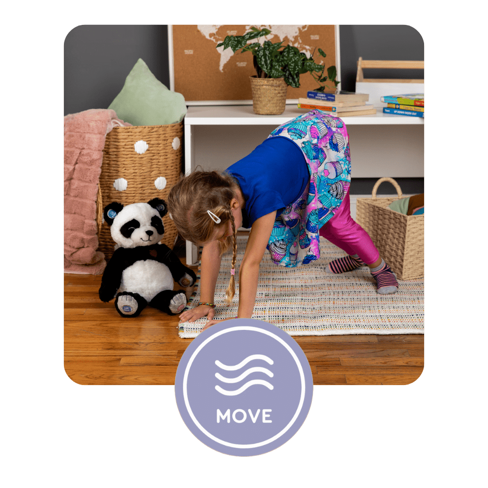 Move button and Little girl stretching with Pause with Panda on floor